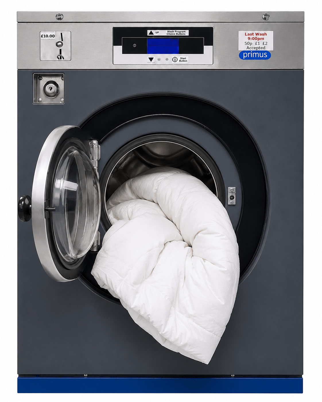 White duvet being loaded into a commercial self-service washing machine at Beauchamp Laundry Service