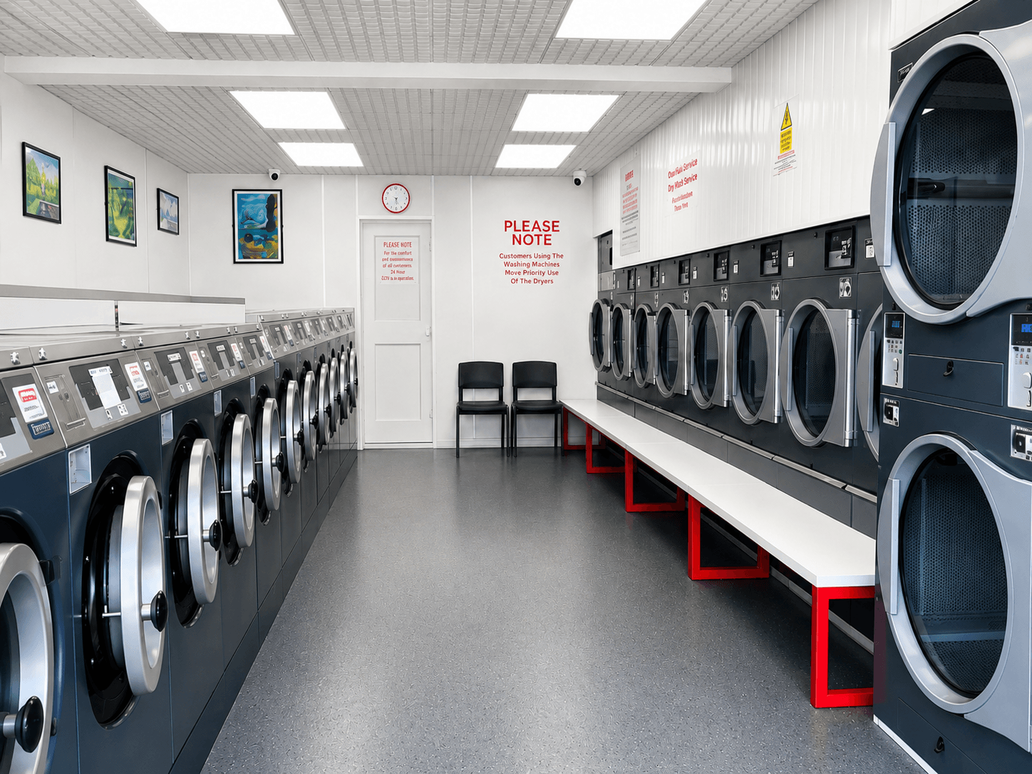 Clean self-service launderette interior with washing machines and tumble dryers at Beauchamp Laundry Service in Handsworth Wood